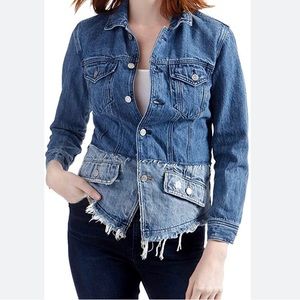 Lucky Brand Women's Pieced Waisted Denim Trucker Jacket Dark/light Denim sz M